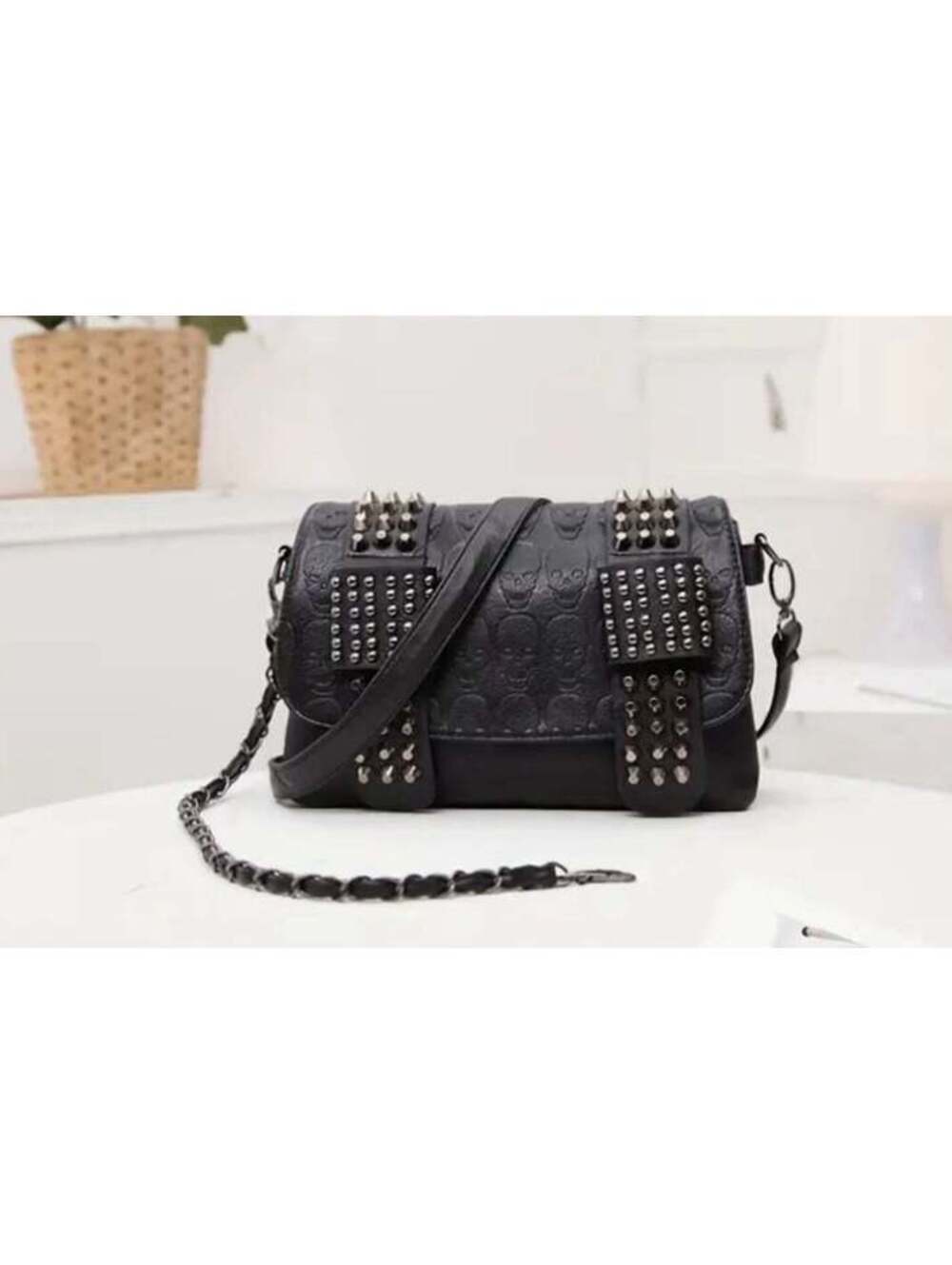 New - Faux Leather Crossbody Bag with Rivet Studs Skull Embossed Design